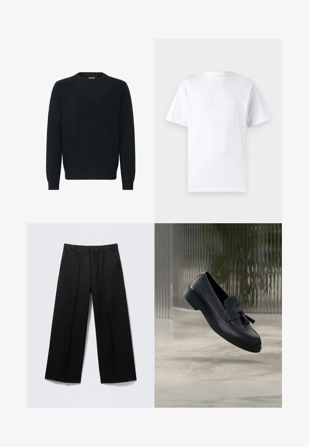 Suéter negro de cuello redondo hecho de un suave material de punto. Manga larga, puños y dobladillo acanalados, con una textura suave y un diseño minimalista.; Camiseta blanca de manga corta hecha de algodón con cuello redondo, que presenta una textura suave y un diseño simple sin patrones ni acentos.; Pantalones negros de pierna ancha con trabillas para cinturón, bolsillos delanteros y cierre de cremallera, exhibidos sobre un fondo gris claro.; Mocasines de cuero negro con textura suave, punta redondeada y borlas decorativas en el frente. Suela de goma flexible con tacón bajo.