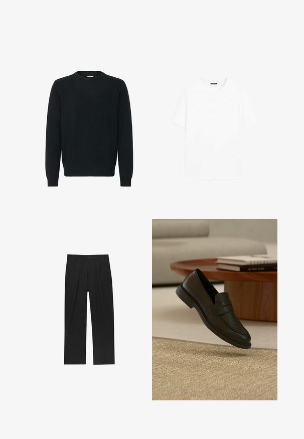 Sort crewneck sweater lavet af et blødt strikket materiale. Lange ærmer, ribbede manchetter og kant med en glat tekstur og minimalistisk design.; Hvid, kortærmet T-shirt med rund hals og en lille sort label ved halsudskæringen på en hvid baggrund.; Sorte bukser med lige ben, lavet af et glat stof. Har frontfolder og en enkelt knaplukning i taljen.; Sort læderloafer vist i luften over en beige vævet tæppe, med et træbord og stablede bøger i et blødt oplyst stue.