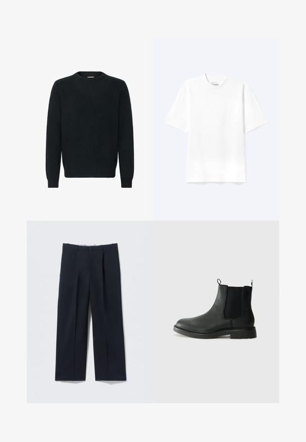 Suéter negro de cuello redondo hecho de un suave material de punto. Manga larga, puños y dobladillo acanalados, con una textura suave y un diseño minimalista.; Camiseta lisa blanca de manga corta y cuello redondo con un corte relajado, mostrada sobre un fondo claro.; Pantalones azul marino oscuros hechos de tela suave, con un ajuste entallado, dos bolsillos delanteros y cierre de botón.; Botas Chelsea de cuero negro con paneles laterales elásticos, lengüetas para tirar, puntera redondeada y suela de goma texturizada. Superficie lisa y diseño robusto.