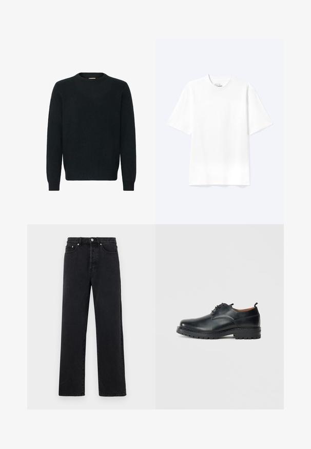 Suéter negro de cuello redondo hecho de un suave material de punto. Manga larga, puños y dobladillo acanalados, con una textura suave y un diseño minimalista.; Camiseta lisa blanca de manga corta y cuello redondo con un corte relajado, mostrada sobre un fondo claro.; Vaqueros rectos de denim negro con cintura alta, cinco bolsillos y cierre de botón de metal. La tela tiene una textura suave y un ligero brillo.; Zapatos derby de cuero negro con una textura suave, punta redondeada, diseño de cordones y una suela de goma gruesa y resistente.