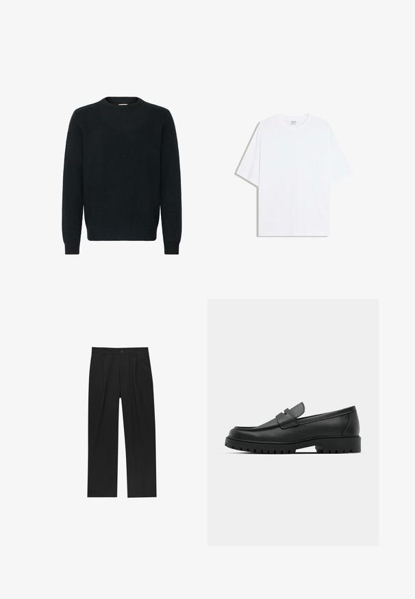 Sort crewneck sweater lavet af et blødt strikket materiale. Lange ærmer, ribbede manchetter og kant med en glat tekstur og minimalistisk design.; Hvid oversized bomulds t-shirt med rund hals og korte ærmer; glat tekstur, uden synlige mønstre eller accenter.; Sorte bukser med lige ben, lavet af et glat stof. Har frontfolder og en enkelt knaplukning i taljen.; Sorte læder loafers med rund tå, der har et syet design, lav platformssål og en struktureret, skridsikker gummisål.