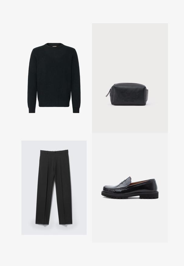 Suéter negro de cuello redondo hecho de un suave material de punto. Manga larga, puños y dobladillo acanalados, con una textura suave y un diseño minimalista.; Pantalones negros a medida con pinzas delanteras, bolsillos laterales, trabillas para cinturón y cierre de botón en la cintura sobre un fondo claro.; Mocasines de penny de cuero negro con suela de goma gruesa y costura tipo moc, presentados de perfil sobre un fondo blanco.; Bolsa de aseo rectangular de cuero negro con cremallera y nombre de marca en relieve en la parte frontal, sobre un fondo blanco liso.