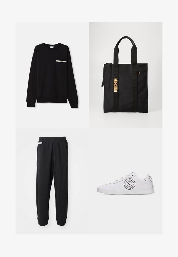 Zwarte sweatshirt met lange mouwen, geribbelde manchetten, een ronde halslijn en een voorzak met een zilveren accent en logodetail.; Zwarte sweatpants van zachte stof, met een elastische tailleband, zijzakken en geribbelde boorden bij de enkels. Minimalistisch ontwerp.; Witte lage sneaker met zwart circulair "Versace Jeans Couture" logo aan de zijkant en hielstrook, witte veters en witte rubberen zool.; Zwarte tote bag van gladde stof met twee zwarte handvaten, voorzien van een gouden "MOSCHINO" logo en een rits bovenaan.