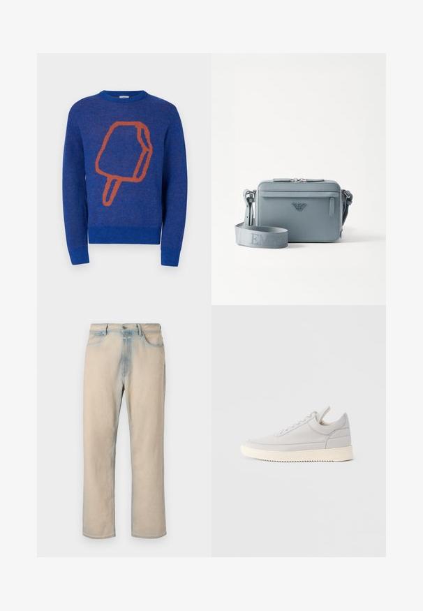 Blauer gestrickter Pullover mit einem großen orangefarbenen Eis am Stiel-Design auf der Vorderseite. Rundhalsausschnitt und gerippte Bündchen und Saum.; Helle beige Jeans aus Denim mit geradem Bein, verblassten blauen Akzenten, fünf Taschen und einem Knopfverschluss an der Taille.; Hellgrauer Ledersneaker mit strukturierten Seiten, Schnürung vorne und cremefarbener Gummisohle. Verfügt über eine glatte Zehenkappe und minimalistische Designdetails.; Blau strukturierte Umhängetasche aus strukturiertem Material, mit Reißverschluss, Fronttasche und verstellbarem Schulterriemen mit "EMPOR"-Markierung.