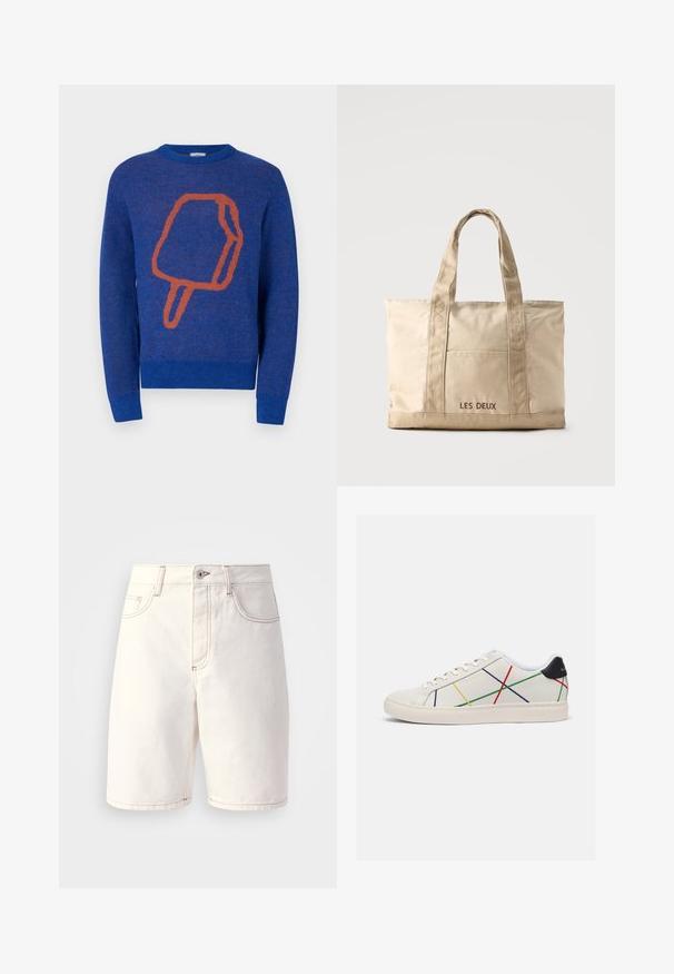 Blauer gestrickter Pullover mit einem großen orangefarbenen Eis am Stiel-Design auf der Vorderseite. Rundhalsausschnitt und gerippte Bündchen und Saum.; Weiße Denim-Shorts mit geradem Schnitt, fünf Taschen, orangen Nähten und einem Reißverschluss mit einem einzelnen Knopfverschluss.; Weiße Ledersneaker mit bunten diagonalen Linien in Rot, Gelb, Grün und Blau. Schwarzer Akzent an der Ferse. Gummisohle.; Beige Leinwand-Tragetasche mit zwei Griffen und Vordertasche, "LES DEUX" auf der Tasche bestickt.