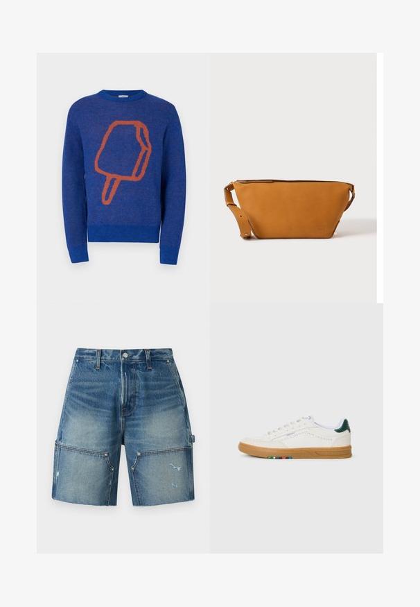 Pull en tricot bleu avec un grand graphique de glace à l'orange à l'avant. Col rond et poignets et ourlet côtelés.; Short en denim bleu avec grandes poches avant, fermeture par boutons, passants pour ceinture et détails subtilement usés sur la jambe droite.; Baskets en cuir blanc avec design perforé, semelle en caoutchouc translucide, accent de talon vert et détail à rayures colorées sur le côté.; Sac bandoulière en cuir marron clair avec sangle réglable et fermeture éclair, présenté sur un fond clair uni.