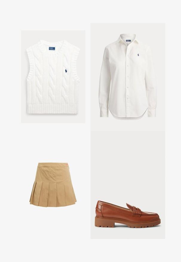Hvid ærmeløs kabelstrikket sweater med ribbet kant. Har en lille, broderet blå logo på brystet. Tekstureret, blødt stof.; Hvid langærmet skjorte med knapper, krave og lille blåt logo af en polospiller på venstre bryst.; Beige plisseret mini nederdel med høj talje og subtil lynlås i siden, lavet af letvægtsstof.; Brune læder loafers med en moccasin-foddesign, synlig syning og en kraftig, tekstureret gummisål. Hardware i guldfarve som accent.