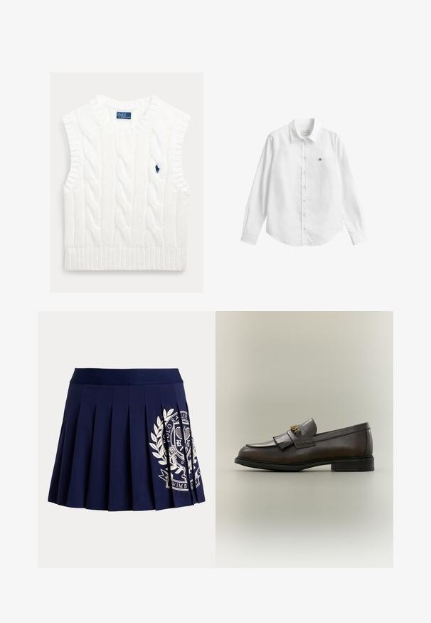 Pull sans manches blanc en maille torsadée avec ourlet côtelé. Comprend un petit logo bleu brodé sur la poitrine. Tissu texturé et doux.; Chemise blanche à manches longues avec boutons, fabriquée dans un tissu légèrement texturé. Dotée d'une poche avant avec un petit logo brodé et d'un col classique.; Jupe plissée bleu marine avec une large ceinture et un logo blanc à thème tennis sur le bas à droite.; Mocassin en cuir marron foncé avec détail à franges et boucle dorée sur semelle noire, vu de côté sur un fond neutre.
