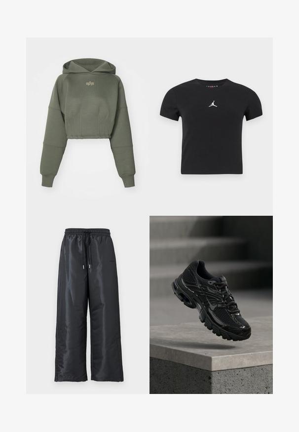 Alpha Industries WAISTED HOODY - Kapuutsiga pusa - dark olive; Must have valge Jumpmani logo rinnal must lühikeste varrukatega lühike T-särk, millel on lihtne taust.; Mustad, laiad püksid, mis on valmistatud läikivast ja siledast kangast. Omavad elastset vöökohta ja nööriga ning küljetaskuid.; Must Nike jooksujalatsite võrkkangas ja sünteetilise pealiskihiga, hõljub betoonpinna ja tähtede kohal taustal.