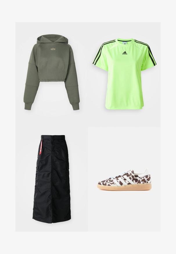 Alpha Industries WAISTED HOODY - Kapuutsiga pusa - dark olive; Neoon roheline spordipaita, mis on valmistatud niiskust eemaldasest kangast. Omab musta kolmega triibuga disaini õlgadel ja logo, mis on keskel rinnal.; Must muströöm muströöm koos esise nupu ja tõmblukuga, külgmiste cargo-kottidega ning punase "Eemalda enne lendu" kangast sildiga vöökohtadel.; Adidase tossud pruunide ja valgete lehmakujuliste mustritega. Omavad valgeid triibusid, helesiniseid paelu ja kummist tallaga. Tekstureeritud pealismaterjal.
