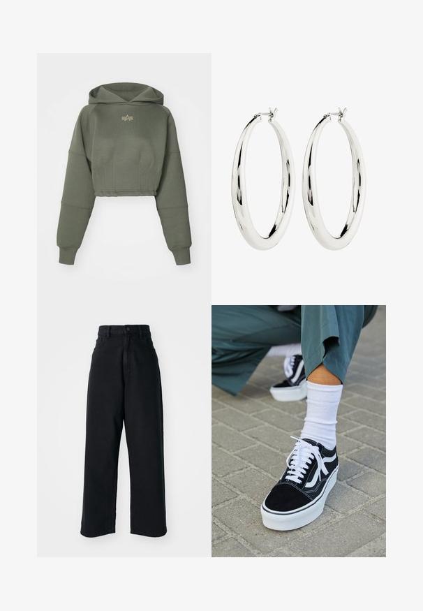 Alpha Industries WAISTED HOODY - Hættetrøje - dark olive; Sorte højtaljede vid ben jeans med frontlommer og knaplukning, præsenteret mod en plain hvid baggrund.; Sorte ruskinds sneakers med hvide accenter og snørebånd, der har en tyk hvid sål og kontrasterende syninger, parret med en hvid sok.; Sølv hoops øreringe med en glat, reflekterende overflade. Rund, stor form med en sikker lås øverst. Den polerede finish fremhæver glansen.