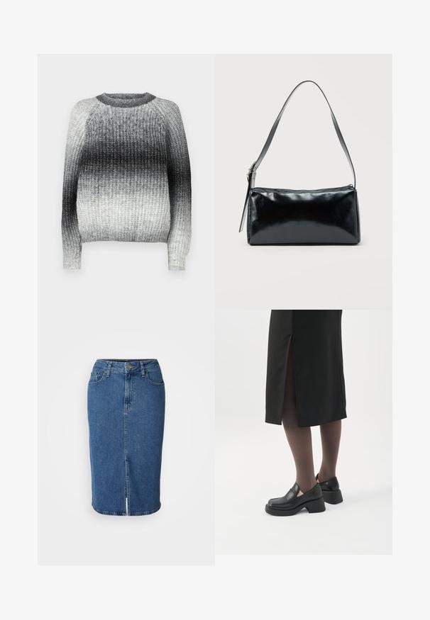 JDY JDYELIZA O-NECK PULLOVER - Pullover - black; Jupe en denim de bleu moyen, longueur genoux, design ajusté avec une fente à l'avant. Comprend cinq poches et une fermeture à boutons avec passants de ceinture.; Femme portant des mocassins noirs à talons épais, des collants noirs transparents et une jupe noire fendue à l'arrière sur fond blanc.; Sac d'épaule rectangulaire noir avec une sangle réglable unique et une fermeture éclair supérieure sur un fond uni.