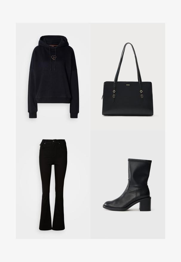 Sort hoodie med en afslappet pasform, snøre i hætten og en lille hjertebrodering i kobber. Har ribbede manchetter og en glat tekstur.; Sorte flare jeans lavet af denim, med høj talje, forlommer og et klassisk fem-lomme design med metalhardware detaljer.; Sort læder ankelstøvle med rund tå, glat tekstur og en grov hæl, der har et tætsiddende skaft og subtil syning.; Sort lædertaske med to lange håndtag, guldfarvede metaldele og en logo prægning på forsiden. Glat tekstur og rektangulær form.