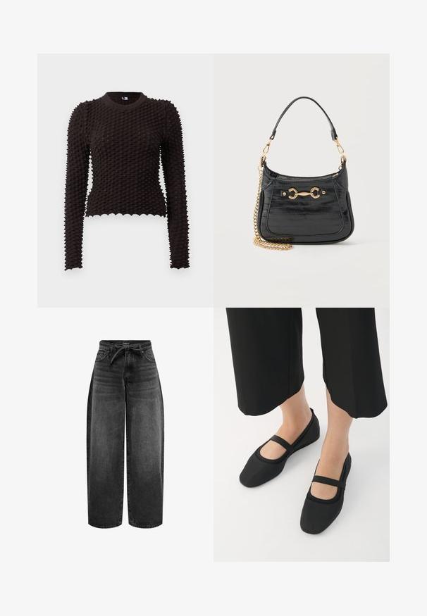 Pull à manches longues de couleur marron foncé, présentant un motif texturé en relief, un col rond côtelé et une coupe courte avec des bords festonnés.; ONLY Straight fit ONLGIANNA Mid waist Balloon - Jean droit - washed black; Ballerines noires en matériau lisse, avec un bout rond et une sangle contrastante sur le cou-de-pied. Semelle plate, design minimaliste.; Sac à main en cuir verni noir avec détail mors doré, petite bandoulière en cuir et chaîne dorée amovible sur fond blanc.