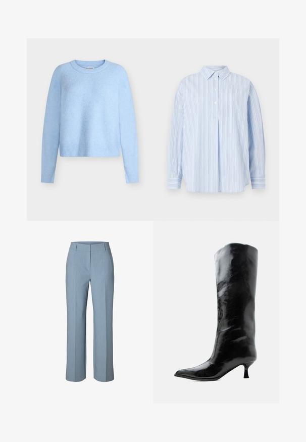 Pull court bleu clair en tissu doux et texturé. Comprend des manches longues ainsi qu'un col et un ourlet côtelés. Design classique à col rond.; Chemise bleu clair à manches longues avec des rayures verticales blanches, trois boutons blancs sur la patte de boutonnage avant, et un col classique sur fond uni.; Pantalon droit bleu clair avec ceinture et passants, pli marqué à l'avant, et un design net et ajusté.; Botte en cuir noire brillante, haute jusqu'au genou, avec bout pointu et talon bas courbé sur un fond clair uni.