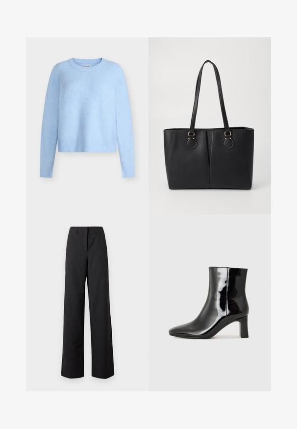 Pull court bleu clair en tissu doux et texturé. Comprend des manches longues ainsi qu'un col et un ourlet côtelés. Design classique à col rond.; Pantalon large noir taille haute pour femme, avec une fermeture avant dissimulée et des passants pour ceinture.; Bottines en cuir verni noir avec un bout pointu et un talon block de hauteur moyenne. Texture lisse et design minimaliste.; Sac fourre-tout noir en simili cuir avec une finition texturée, deux longues poignées et des accents en métal doré sur le côté. Shape rectangulaire.