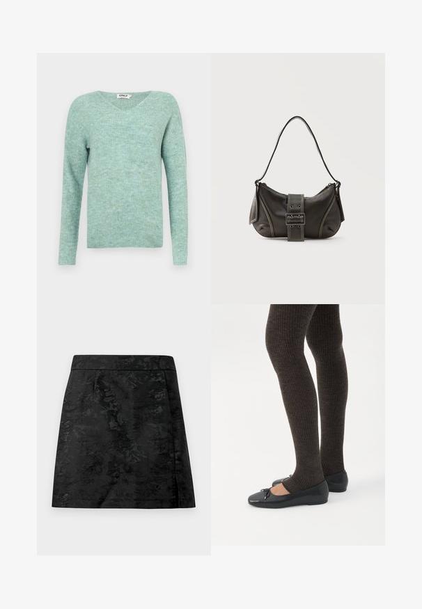 Mintgroene geribde trui met een V-hals, lange mouwen en een zachte textuur, met een relaxte pasvorm en een minimalistisch ontwerp.; Zwarte rok met een bloemenpatroon, gladde textuur en een getailleerde pasvorm. Heeft een tailleband en een rechte snit met een lichte flare.; Benen met donkere geribbelde leggings gecombineerd met zwarte ballerina's met kleine strikdetails op een witte achtergrond.; Zwarte leren schoudertas met gespsluiting aan de riem, afgeronde hoeken en contrasterende witte stiksels op een effen achtergrond.