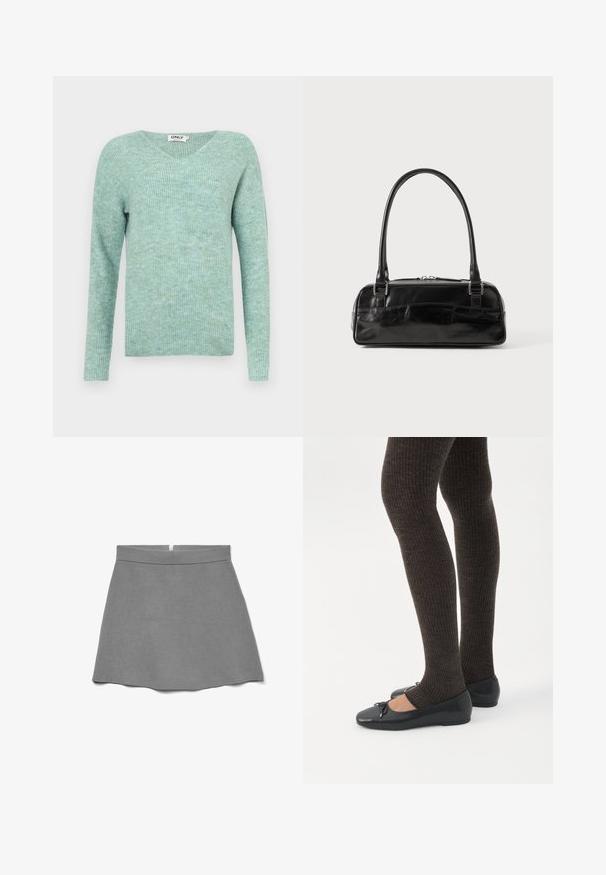 Mintgroene geribde trui met een V-hals, lange mouwen en een zachte textuur, met een relaxte pasvorm en een minimalistisch ontwerp.; Grijze rok van zachte stof, met een hoge taille, uitlopende vorm en een verborgen rits aan de achterkant.; Benen met donkere geribbelde leggings gecombineerd met zwarte ballerina's met kleine strikdetails op een witte achtergrond.; Zwarte leren handtas met een rechthoekige vorm, voorzien van een enkele gestructureerde handgreep, zilveren hardware en ritsluiting. Gladde textuur.