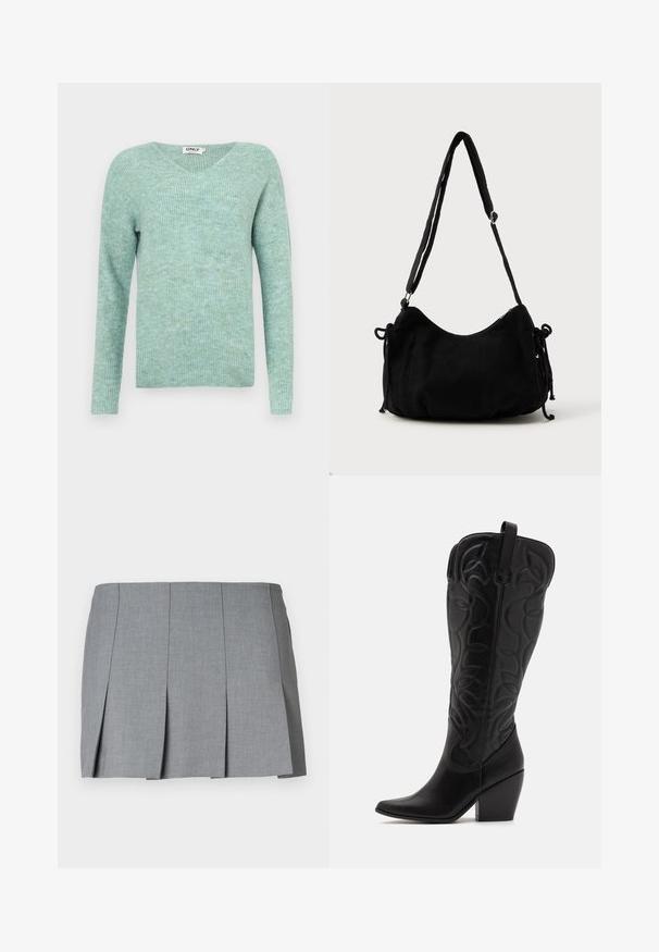 Mintgroene geribde trui met een V-hals, lange mouwen en een zachte textuur, met een relaxte pasvorm en een minimalistisch ontwerp.; Grijze geplooide rok met een gladde textuur, gestructureerd ontwerp en een aansluitende taille. Gemaakt van een lichtgewicht stof met een subtiel patroon.; Zwarte leren kniehoge laarzen met puntige neus en gestapelde hak. Voorzien van decoratief stiksel en gebogen designelementen.; Zwarte corduroy schoudertas met een gebogen vorm, een verstelbare schouderband en trekkoordsluitingen aan beide zijkanten voor maataanpassing.