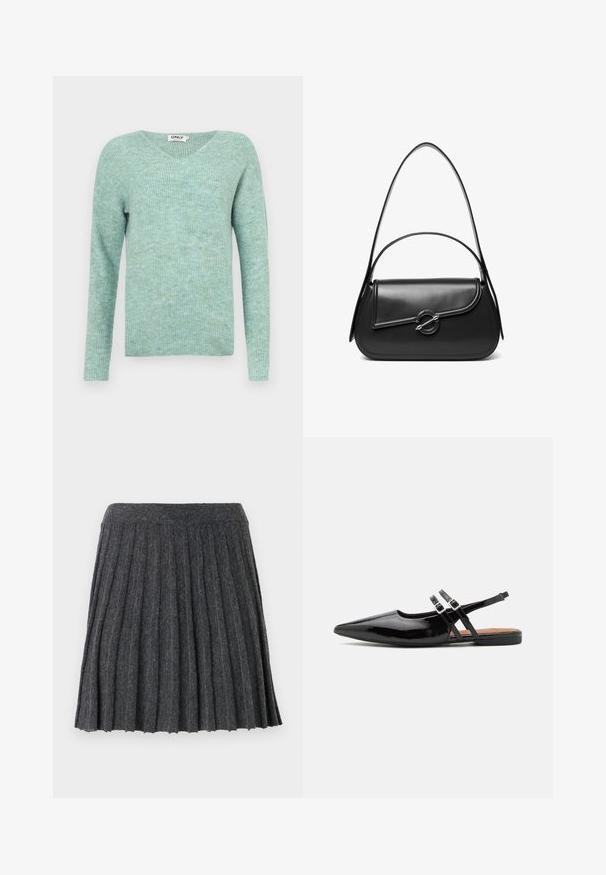 Mintgroene geribde trui met een V-hals, lange mouwen en een zachte textuur, met een relaxte pasvorm en een minimalistisch ontwerp.; Vero Moda Knitted VMMARINA Short - Minirok - dark grey; Zwarte gepatineerde leren slingback schoenen hebben een spitse neus, twee banden met gespsieraden en een platte zool.; Zwarte leren schoudertas met een gebogen klep die is bevestigd met een ronde metalen sluiting en een smalle, verstelbare band.