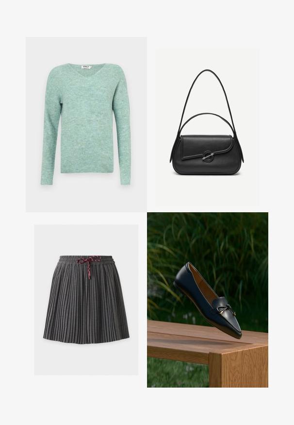 Mintgrüner Rippstrickpullover mit V-Ausschnitt, langen Ärmeln und weicher Textur, mit lockerem Schnitt und minimalistischem Design.; Dunkelgrauer plissierter Rock mit elastischem Bund und in der vorderen Mitte gebundener weinroter Kordel.; Schwarzer Lederloafer mit Schleifendetail, der über einer Holzbank schwebt, mit grünem Gras und Pflanzen im Hintergrund.; Schwarze Lederhandtasche mit abgerundeten Kanten, asymmetrischem Überschlag, metallfarbenem runden Verschluss und kurzen sowie langen Schulterriemen.