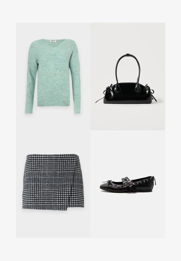 Mintgroene geribde trui met een V-hals, lange mouwen en een zachte textuur, met een relaxte pasvorm en een minimalistisch ontwerp.; Wollen mini-jurk met een zwart-wit houndstooth patroon, rechte snit met een lichte asymmetrische zoom en textuurstof.; Zwarte platte balletschoen met dubbele gespsluitingen, zilveren oogjes en een klein strikje nabij de afgeronde neus op een witte achtergrond.; Kleine zwarte glanzende handtas met twee lange hengsels en zijkant trekkoord details op een effen lichte achtergrond.