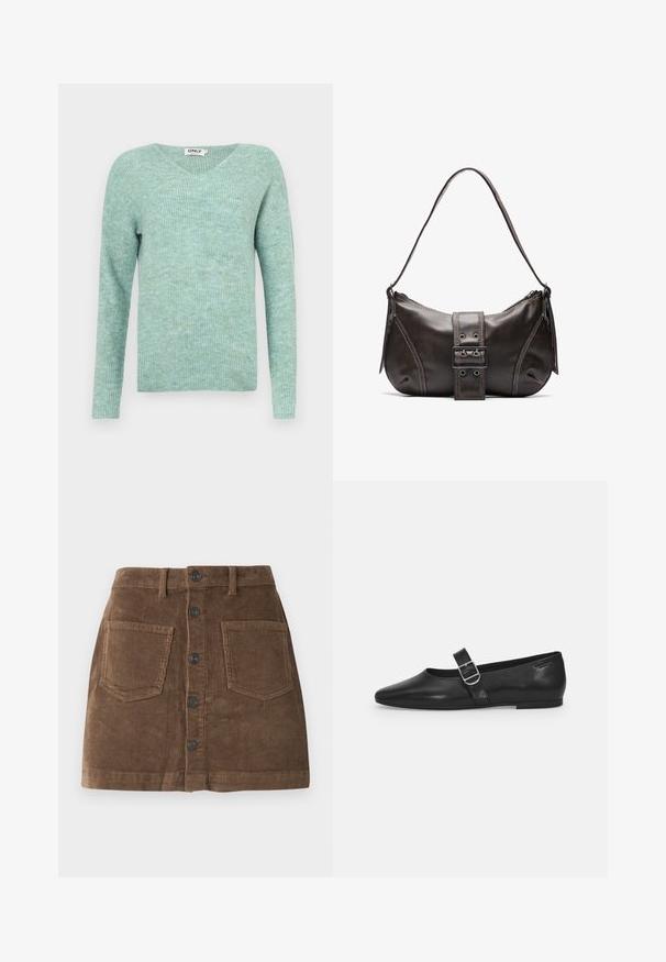 Mintgrüner Rippstrickpullover mit V-Ausschnitt, langen Ärmeln und weicher Textur, mit lockerem Schnitt und minimalistischem Design.; Brauner Cordrock mit tailliertem Bund, ausgestattet mit einer Knopfleiste, zwei vorderen Taschen und einem strukturierten Rippstoff.; Schwarzer Lederflatschuh mit runder Zehenform, einem verstellbaren Schnallenriemen und einer glatten, glänzenden Oberfläche. Minimalistisches Design mit einem niedrigen Absatz.; Braune Lederumhängetasche mit gebogener Form, die mit einem auffälligen Schnallendetail, kontrastierenden Nähten und einem einzigen Schulterriemen ausgestattet ist.