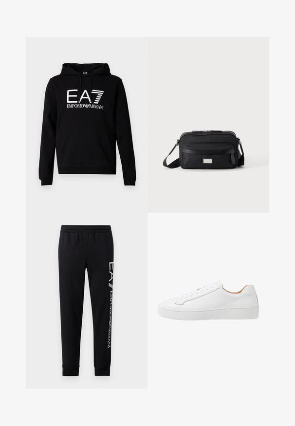 Sweat à capuche noir avec une poche kangourou à l'avant. Présente un texte blanc audacieux "EA7 EMPORIO ARMANI" sur la poitrine. Matière en mélange de coton.; Pantalons de survêtement noirs en mélange de coton, dotés d'une taille élastique, de jambes fuselées, de poignets côtelés et d'un imprimé logo blanc sur le côté.; Sneaker en cuir blanc avec une finition lisse, bout rond, design plat à lacets, et une semelle en caoutchouc épaisse présentant un motif de grip texturé.; Sac bandoulière rectangulaire noir avec poche avant zippée, sangle réglable et plaque logo rectangulaire argentée sur fond uni.