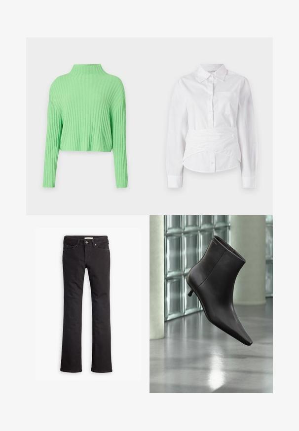 Lysegrøn cropped sweater med høj hals, ribstrikket struktur og lange ærmer. Har en løs pasform og blødt materiale.; Hvid langærmet skjorte med krave, forreste knapper, lille brystlomme og indviklet design ved taljen. Glat bomuldsstof.; Sorte jeans lavet af denim, med lige ben-design, standard talje, fem lommer og diskrete syninger.; Sort læderankelstøvle med spids tå og lille hæl vist mod en væg af glasblokke og poleret gulv baggrund.