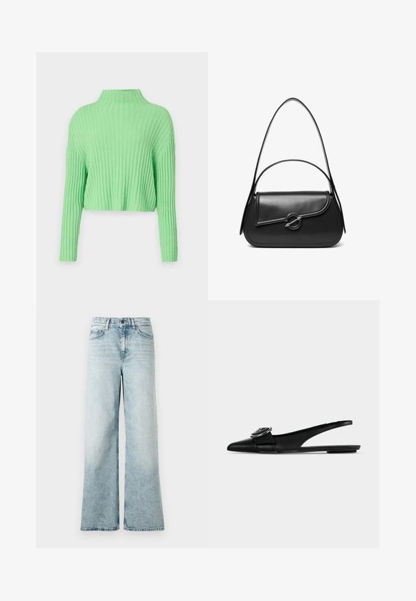 Suéter corto verde claro con un cuello alto, textura acanalada y mangas largas. Presenta un ajuste holgado y una tela suave.; Jeans de mezclilla anchos de color azul claro, con cintura alta, dobladillo recortado y una textura suave con detalles desgastados.; Zapato plano slingback de cuero negro con puntera puntiaguda, una correa ancha y detalle de hebilla metálica redonda en la parte superior.; Bolso de hombro de cuero negro con una solapa curva asegurada por un broche metálico redondo y una correa delgada y ajustable.