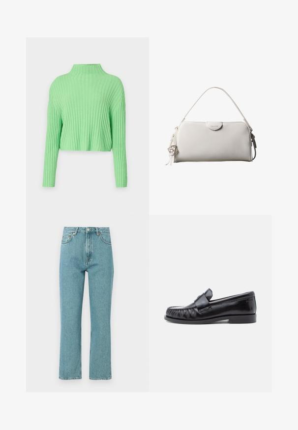 Suéter corto verde claro con un cuello alto, textura acanalada y mangas largas. Presenta un ajuste holgado y una tela suave.; Jeans de tiro alto en azul claro con un diseño de pierna recta. Hechos de denim, cuentan con bolsillos frontales y un cierre de botón.; Mocasines de cuero negro con punta redondeada, costuras distintivas y una banda decorativa sobre el empeine. Acabado liso y tacón bajo.; Bolso rectangular blanco de Calvin Klein con un solo asa, diseño minimalista y borlas decorativas con un charm metálico geométrico en el lateral.