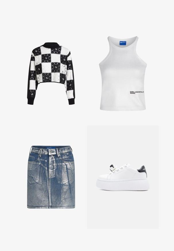 Afskåret sweater med sort og hvid ternet lacedesign, med ensfarvede sorte ærmer samt ribbet krave og manchetter.; Hvid ærmeløs crop top med høj hals og "Karl Lagerfeld Jeans" logo nederst til højre foran.; Lysblå denim mini-skjorte med en falmet tekstur. Har forlommer, bæltestropper og en metalknaplukning. Synlige syninger.; Hvide platform-sneakers med glat læderfinish, sorte accenter på hælen og en dekorativ sløjfe på snørebåndene. Sål med ribbet tekstur.