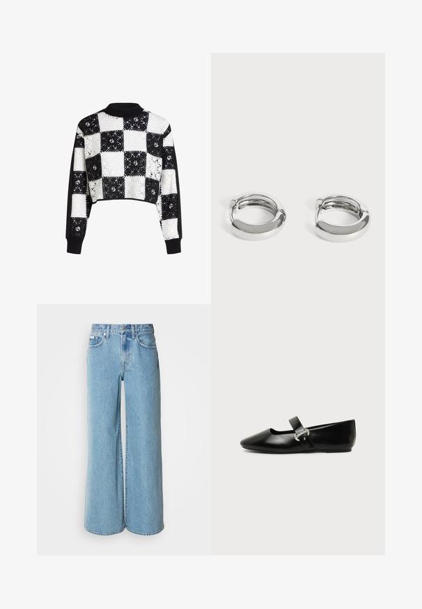 Kort truitje met een zwart-wit geblokt kantpatroon, met effen zwarte mouwen en een geribde kraag en manchetten.; Lichtblauwe wijde jeans van denim, met een hoge taille, vijf pockets en subtiele vervaging langs de stof.; Zwarte leren Mary Jane platte schoen met een afgeronde neus en zilveren gespsluiting op een effen achtergrond.; Een paar kleine, glimmende zilveren oorringen met gladde afgeronde oppervlakken op een effen witte achtergrond.