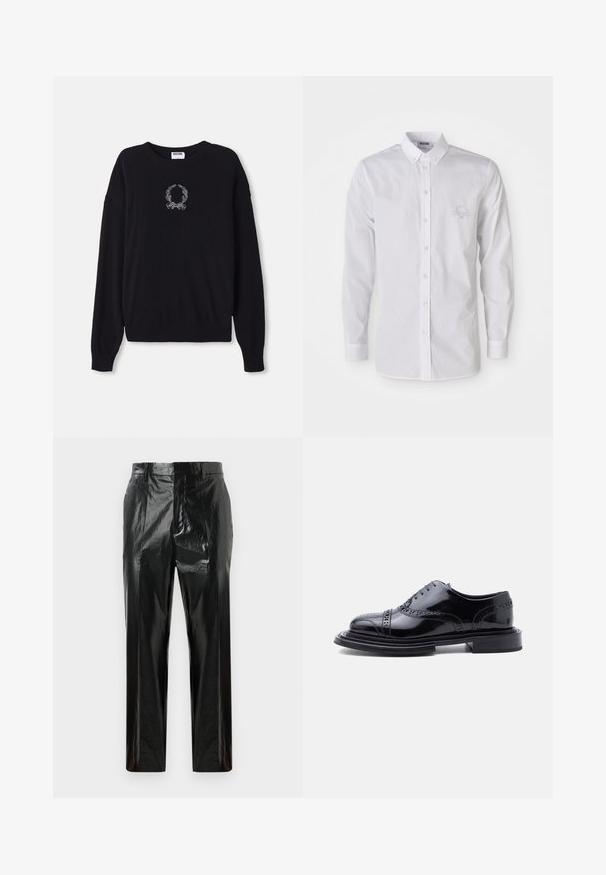 Pull noir à col rond, à manches longues et avec des poignets côtelés. Présente un motif brodé de couronne et de nœud blancs sur le devant.; Chemise blanche à manches longues, à col boutonné, avec un logo brodé discret sur la poitrine gauche.; Pantalons en vinyle noir brillant à jambes droites, avec passants de ceinture, fermeture frontale dissimulée et détail de pli pressé.; Chaussure habillée à brogue en cuir noir poli avec perforations style wingtip et talon empilé, présentée en profil latéral sur fond blanc.