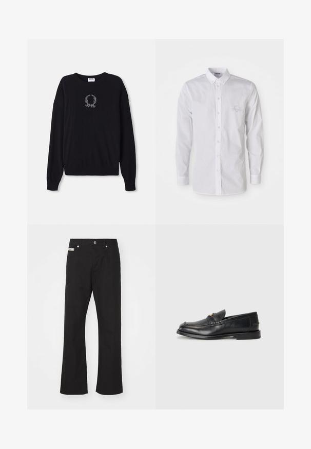 Zwarte trui met ronde hals, lange mouwen en ribgebreide manchetten. Heeft een wit geborduurd krans- en strikdesign op de voorkant.; Witte langemouwen button-up shirt met button-down kraag en subtiele geborduurde logo op de linkerborst.; Zwarte katoenen broek met een rechte pijpdesign, voorzien van een sluiting met een knoop aan de voorkant, twee zijzakken en een klein merklabel op de tailleband.; Zwarte leren instappers met een ronde neus, gestikte details en een kleine gouden accent aan de voorkant. De zool is plat en discreet.