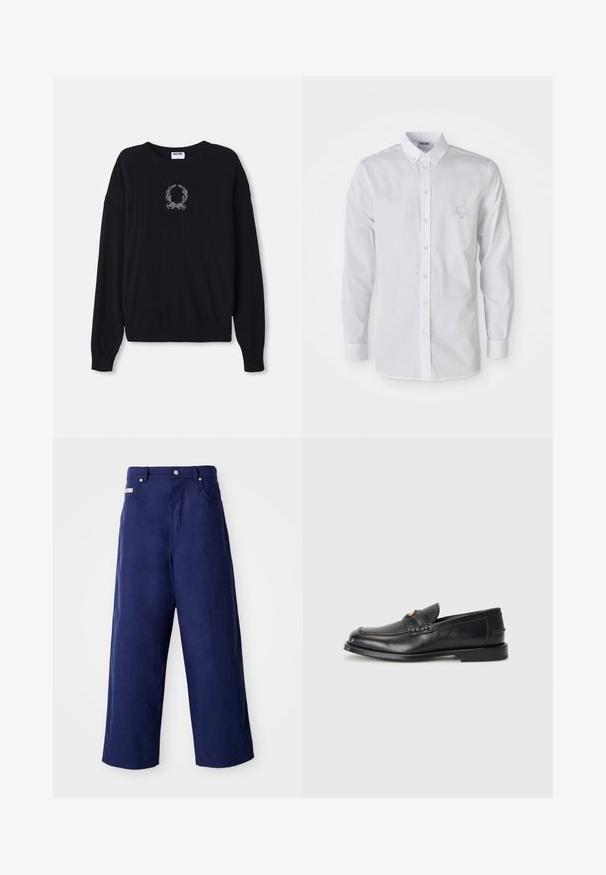 Schwarzer Pullover mit Rundhalsausschnitt, langen Ärmeln und gerippten Bündchen. Besitzt ein weißes, gesticktes Kranz- und Schleifendetail auf der Vorderseite.; Weißes Langarmhemd mit Knopfverschluss, Knopfkragen und dezent gesticktem Logo auf der linken Brust.; Weite Hosen in Marineblau, aus weichem Stoff gefertigt. Mit einem Knopfverschluss und Fronttaschen, in einem klaren Finish ohne sichtbare Muster.; Schwarze Lederloafers mit runder Zehenform, genähten Details und einem kleinen goldenen Akzent an der Vorderseite. Die Sohle ist flach und unauffällig.