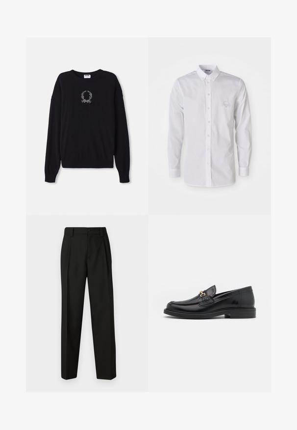 Zwarte trui met ronde hals, lange mouwen en ribgebreide manchetten. Heeft een wit geborduurd krans- en strikdesign op de voorkant.; Witte langemouwen button-up shirt met button-down kraag en subtiele geborduurde logo op de linkerborst.; Zwarte op maat gemaakte broek van gladde stof. Kenmerkt zich door een rechte pijp, een enkele knoopsluiting en riemlussen. Geen zichtbare patronen of accenten.; Zwarte leren instappers met een ronde neus, voorzien van een gouden hardware accent en stikdetails, geplaatst op een lage, getextureerde rubberen zool.