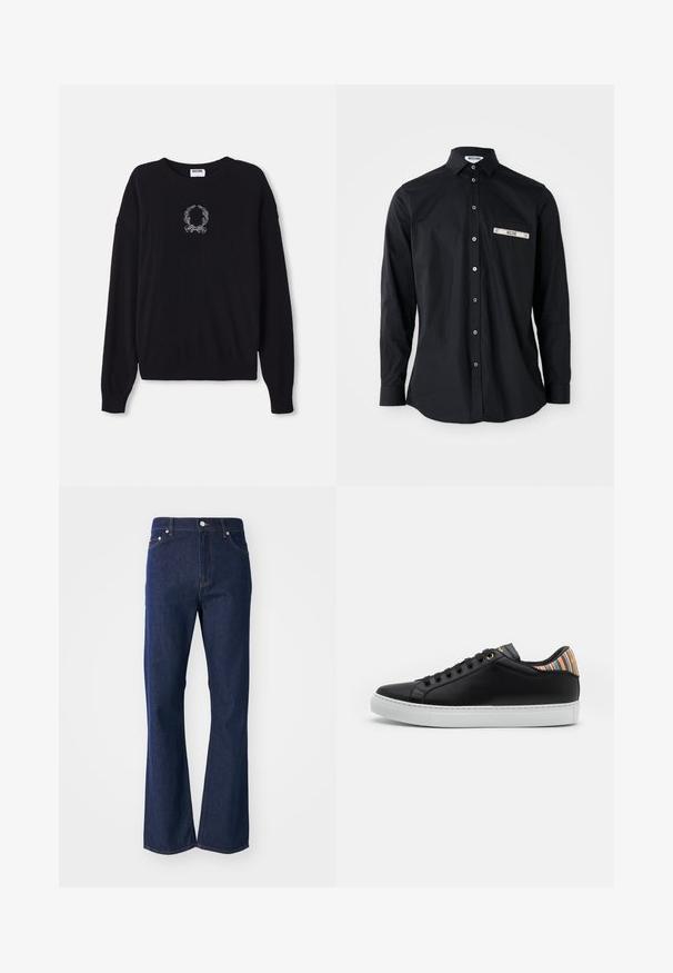Schwarzer Pullover mit Rundhalsausschnitt, langen Ärmeln und gerippten Bündchen. Besitzt ein weißes, gesticktes Kranz- und Schleifendetail auf der Vorderseite.; Schwarzes Langarm-Hemd mit Knopfverschluss und Kragen, ausgestattet mit einer silbernen Borten-Taschedetail. Glatte Stoffqualität, klassische Passform und Knopfleiste.; Dunkelblaue Jeans mit ausgestelltem Schnitt aus Denim. Verfügt über fünf Taschen, einen Reißverschluss vorne und einen Metallknopfverschluss. Klassische Nähte setzen Akzente.; Schwarze Leder-Sneaker mit einer weißen Gummisohle, versehen mit einem gestreiften, mehrfarbigen Akzent an der Ferse und einem schwarzen Schnürverschluss mit goldenen Ösen.