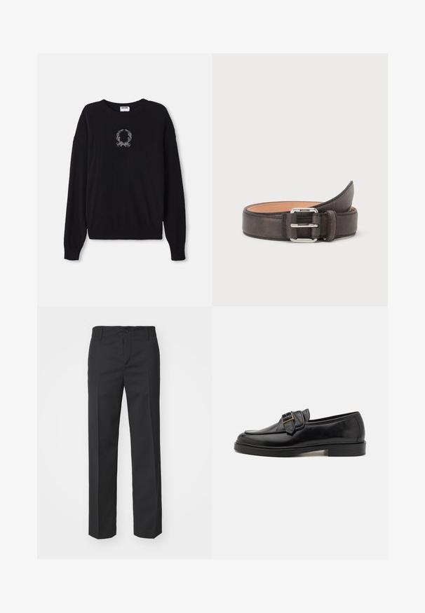 Čierny sveter s okrúhlym výstrihom, dlhými rukávmi a rebrovanými manžetami. Vpredu má bielu vyšitú dekoráciu v tvare venčeku a mašle.; Filippa K TROY TROUSERS - Nohavice - black; Čierne kožené poltopánky s okrúhlou špičkou a dekoratívnym prackovým detailom. Plochý, pevný podpätok a hladká textúra po celom povrchu.; Tmavohnedý kožený opasok so striebornou obdĺžnikovou prackou, zvinutý na bielom pozadí.