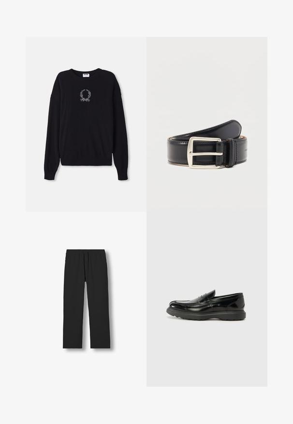 Sort sweater med rund hals, lange ærmer og ribbede manchetter. Har et hvidt broderet krans og sløjfedesign på forsiden.; Sorte bukser med lige ben, elastisk talje og snøre, vist fladt på en hvid baggrund.; Sort læderloafer med en blank finish, rund tå, subtile syninger og en tyk gummisål for holdbarhed.; Sort læderbælte rullet sammen med et sølvrektangulært metalspænde og synlige syninger langs kanterne.
