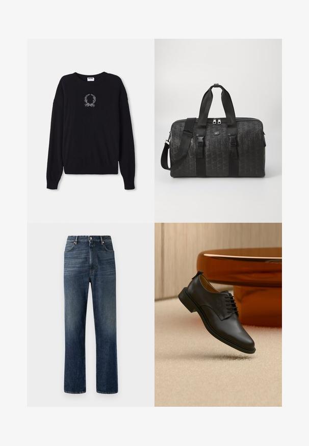 Schwarzer Pullover mit Rundhalsausschnitt, langen Ärmeln und gerippten Bündchen. Besitzt ein weißes, gesticktes Kranz- und Schleifendetail auf der Vorderseite.; Dunkelblaue Denim-Jeans mit geradem Bein, sichtbaren Nähten, Five-Pocket-Design und silberner Knopfverschluss an der Taille.; Schwarzer Herrenschuh aus Leder mit Schnürung, schwebt über einem beigen Teppich, im Hintergrund ein brauner runder Kaffeetisch.; Schwarze Sporttasche mit einem strukturierten geometrischen Muster, doppeltem Reißverschluss und verstellbaren Riemen. Akzentuiert mit robusten Hardware-Details.