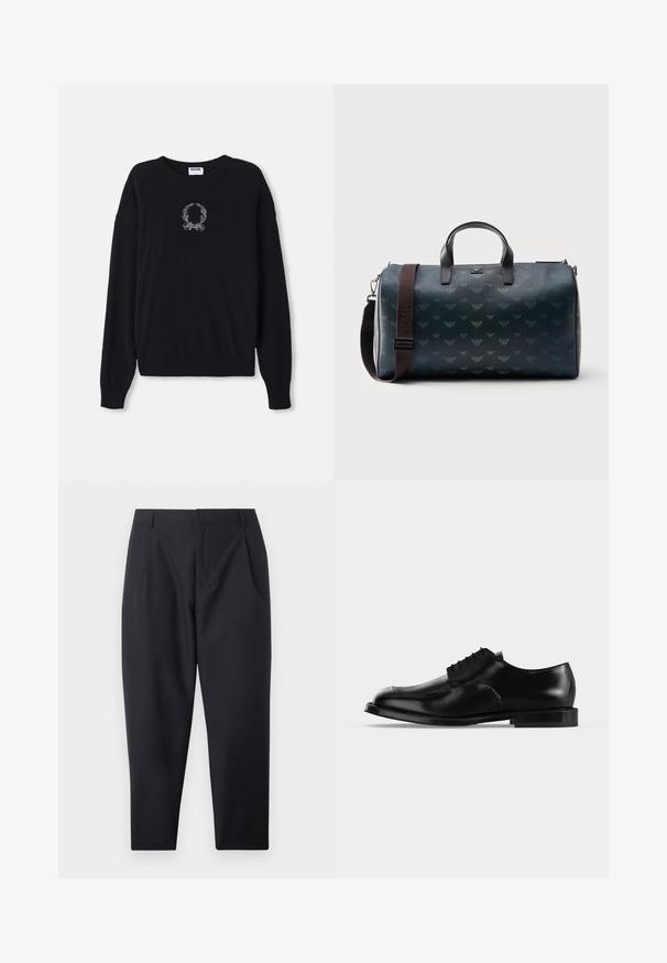 Schwarzer Pullover mit Rundhalsausschnitt, langen Ärmeln und gerippten Bündchen. Besitzt ein weißes, gesticktes Kranz- und Schleifendetail auf der Vorderseite.; Schwarze, schmal zulaufende Hose mit Seitentaschen und Gürtelschlaufen, flach auf weißem Hintergrund präsentiert.; Schwarzer Herrenschuh aus Leder mit Schnürung, glatter Oberfläche und niedrigem Absatz, seitlich auf hellem, einfarbigem Hintergrund dargestellt.; Dunkelblauer zylindrischer Reisetasche mit schwarzen Griffen und einem braunen verstellbaren Schulterriemen, der dezente, wiederholte Logomuster aufweist.