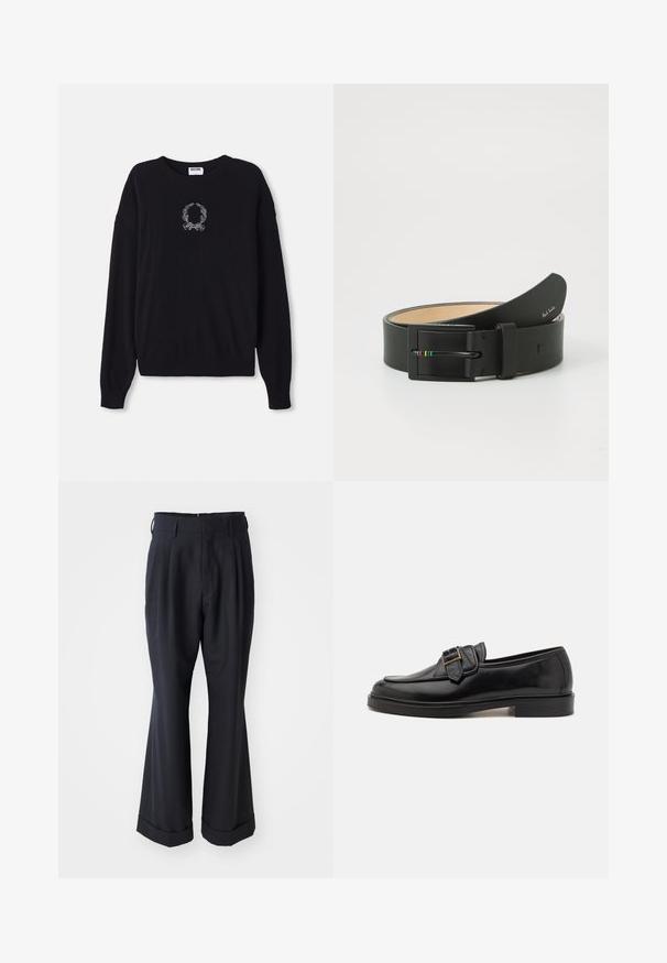 Schwarzer Pullover mit Rundhalsausschnitt, langen Ärmeln und gerippten Bündchen. Besitzt ein weißes, gesticktes Kranz- und Schleifendetail auf der Vorderseite.; Schwarze, maßgeschneiderte Hosen mit lockerer Passform, gefaltetem Vorderteil und weitem Bein. Mit einem umgeschlagenen Saum und glattem Stoffgefühl.; Schwarze Leder-Lederschuhe mit abgerundeter Zehenpartie und dekorativem Schnallenakzent. Flacher, solider Absatz und durchgehend glatte Oberfläche.; Paul Smith MEN BELT STRIPE BUCKLE - Gürtel - black
