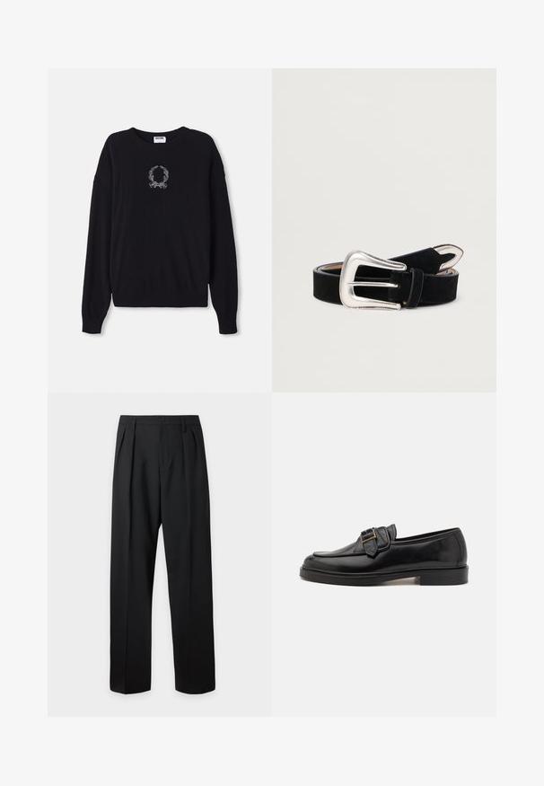 Sort sweater med rund hals, lange ærmer og ribbede manchetter. Har et hvidt broderet krans og sløjfedesign på forsiden.; Sorte formelle bukser med plisseringer, bæltestropper og knaplukning ved taljen, vist mod en ensfarvet lys baggrund.; Sorte læder loafers med rund tå og en dekorativ spændeaccent. Flad, solid hæl og glat tekstur hele vejen igennem.; Sort rækkebælte i ruskind med en sølvmetalspænde i rund form, der har stikninger. Glat tekstur og justerbart design.