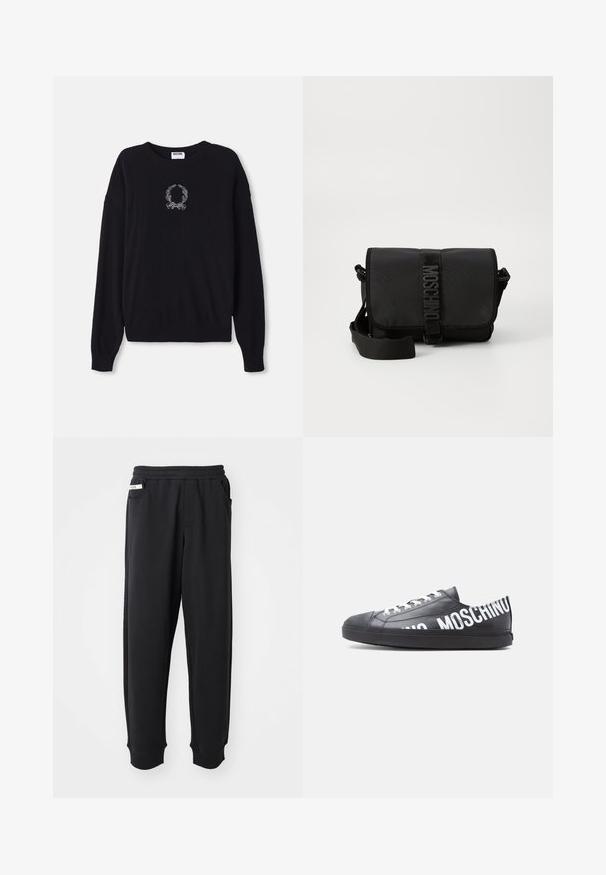 Pull noir à col rond, à manches longues et avec des poignets côtelés. Présente un motif brodé de couronne et de nœud blancs sur le devant.; Pantalons de survêtement noirs en tissu doux, avec une taille élastique, des poches latérales et des poignets côtelés aux chevilles. Design minimaliste.; Baskets basses noires avec des lacets blancs et "MOSCHINO" imprimé en grandes lettres blanches sur le côté et le talon.; Sac bandoulière noir en nylon avec rabat, doté d'une fermeture à bande logo proéminente, d'une bandoulière réglable et de détails de surpiqûres sur les côtés.