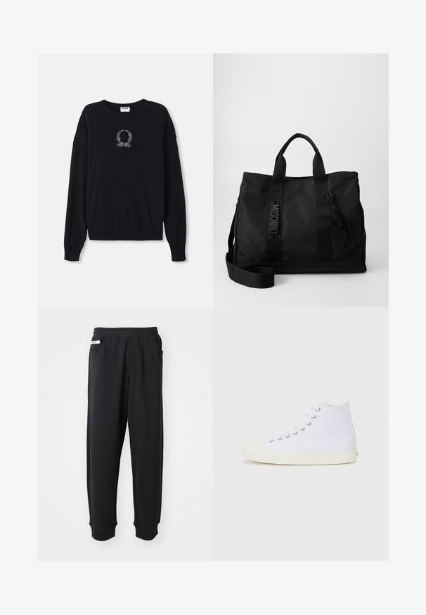 Schwarzer Pullover mit Rundhalsausschnitt, langen Ärmeln und gerippten Bündchen. Besitzt ein weißes, gesticktes Kranz- und Schleifendetail auf der Vorderseite.; Schwarze Jogginghose aus weichem Stoff, mit einem elastischen Bund, seitlichen Taschen und gerippten Bündchen an den Knöcheln. Minimalistisches Design.; Weiße Canvas-Sneaker mit hohem Schnitt, runder Zehenpartie, Metallösen und cremefarbener Gummisohle. Glatte Textur mit minimalen Designdetails.; Schwarze Nylon-Tote-Tasche mit doppelten oberen Griffen, verstellbarem Schultergurt und geprägten Logodetails. Glatte Textur mit Anhänger.