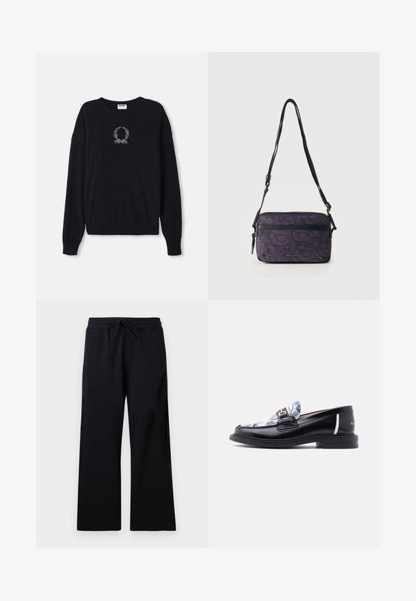 Zwarte trui met ronde hals, lange mouwen en ribgebreide manchetten. Heeft een wit geborduurd krans- en strikdesign op de voorkant.; Les Benjamins Trainingsbroek - black; Zwarte leren loafer met een blauw-wit patroon op het stoffen bovenwerk, een goudkleurige gespsluiting en een witte accent op de hiel. Platte zool.; Kleine rechthoekige donkerpaarse crossbodytas met abstract patroon, voorvak met ritssluiting, verstelbare zwarte riem en zilveren logo "Karl Lagerfeld".