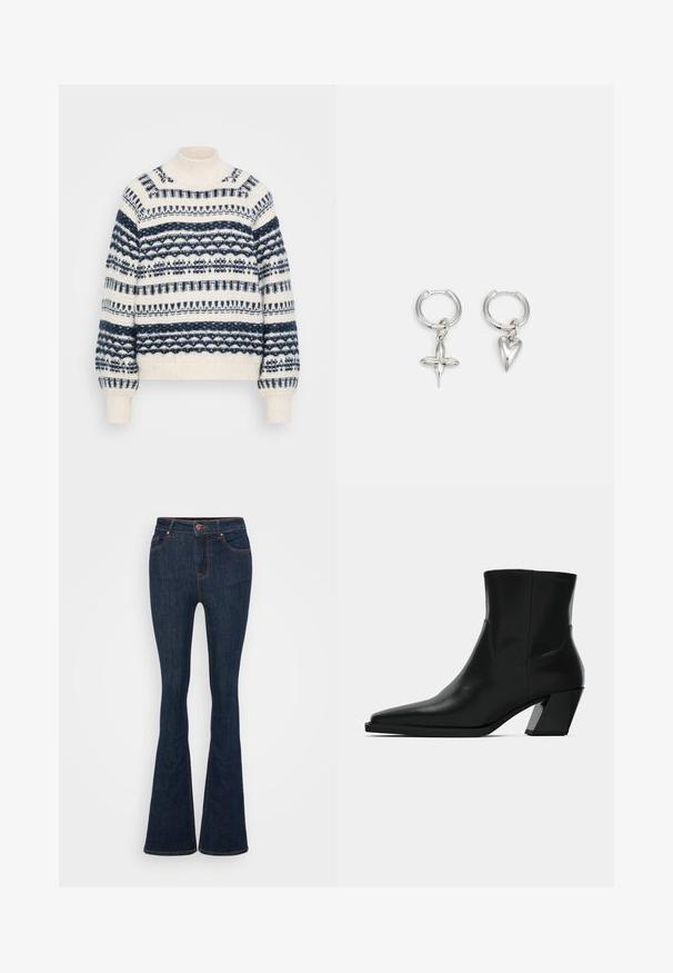 Vero Moda Tall VMHENYA HIGHNECK - Πουλόβερ - birch/navy; Σκούρα μπλε τζιν φούστα με καμπάνα, με ορατές ραφές, μπροστινές τσέπες και κούμπωμα με κουμπί. Λείος υφάσματος με ελαφριά ελαστικότητα.; Μαύρη δερμάτινη μπότες έως τον αστράγαλο με κοφτή μύτη, κομψή σιλουέτα και χοντρό τετράγωνο τακούνι. Λείος υφασμάτινος χαρακτήρας με ελάχιστες ραφές.; Ασημένες κρίκοι σκουλαρίκια που περιλαμβάνουν ένα charm σε σχήμα σταυρού και καρδιάς. Λείο, γυαλιστερό υφή με γυαλισμένη φινίρισμα. Κάθε charm κρέμεται από έναν ασφαλή βρόχο.