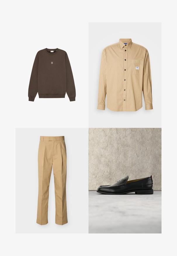 Brun sweatshirt lavet af bomuld, med rund hals, ribbede håndled og et lille "II" logo centreret på brystet. Blød tekstur.; Tan skjorte med knapper, lodrette sorte striber, spids krave, enkelt brystlomme og sorte knapper. Fremstillet af let stof.; Beige bukser lavet af glat bomuld med høj talje, der har folder foran og lige ben. Ingen synlige metaldele eller mønstre.; Sort læder herreloafer med krokodillepræget forstykke og lav hæl, vist i profil på en neutral baggrund.