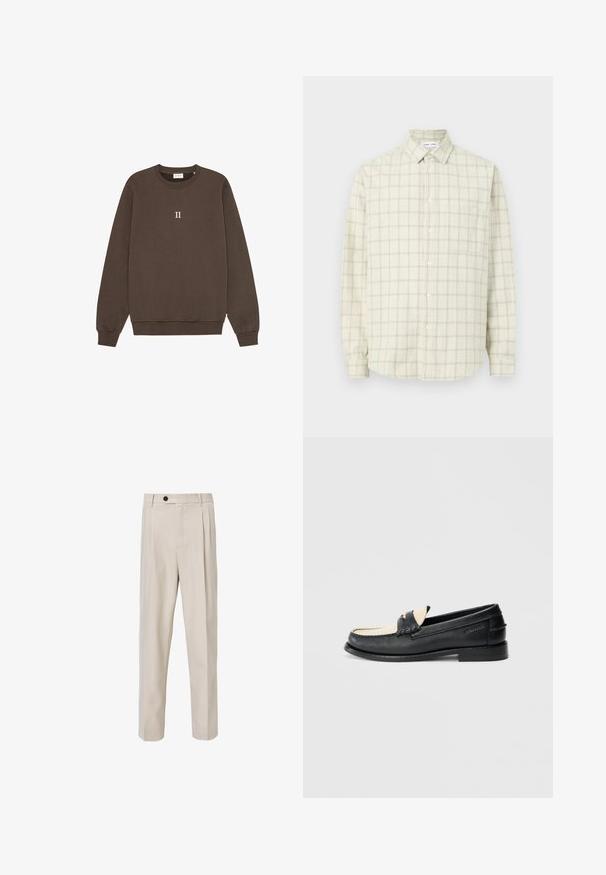 Brun sweatshirt lavet af bomuld, med rund hals, ribbede håndled og et lille "II" logo centreret på brystet. Blød tekstur.; Beige skjorte med knapper, lange ærmer og et diskret ternet mønster, med spids krave og en enkelt brystlomme på ensfarvet baggrund.; Beige skræddersyede bukser med lige ben-design, der har frontplisseringer, knaplukning og en glat tekstur.; Sort lædersko med beige detaljer, dekorative syninger, firkantet tå, diskrete metaldele og flad sål; glat tekstur.